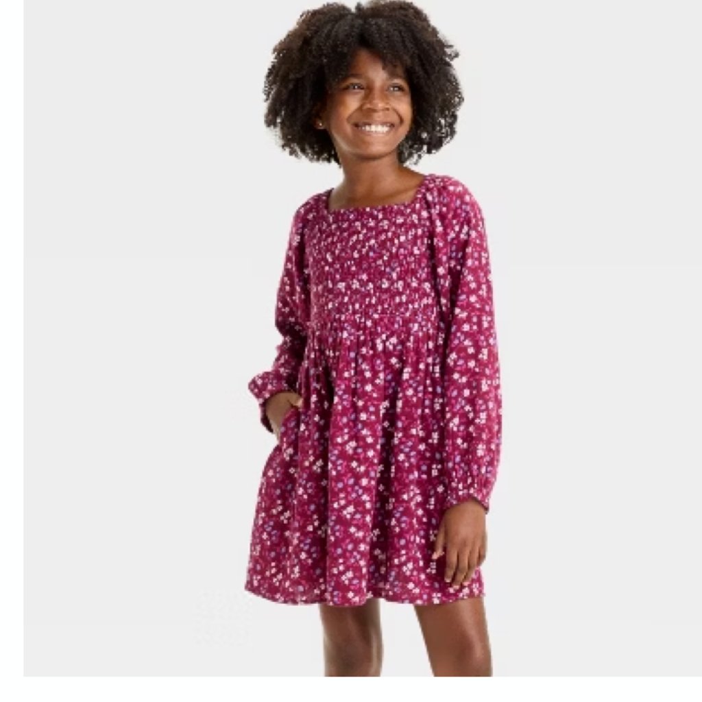 Girls Cat & Jack Long Sleeve Smocked Floral Print Dress Burgandy M